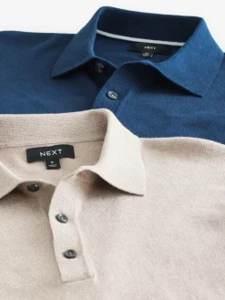 Best Next Regular Fit Knitted Long Sleeve Polo Shirts 2 Pack Navy Blue/Neutral