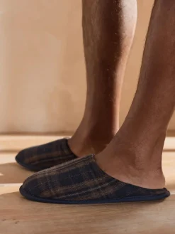 New Next Check Mule Slippers Navy