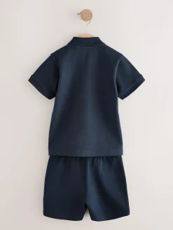 Best Next Navy Textured Short Sleeve Polo Shirt And Shorts Set (3mths-7yrs)