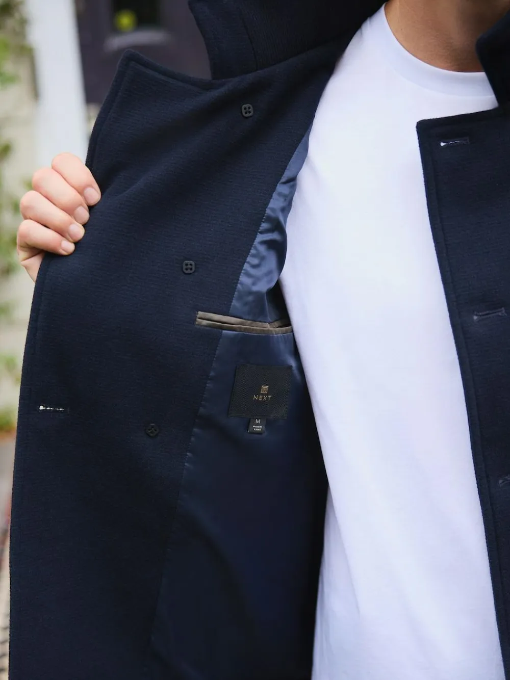 New Next Wool Rich Double Breasted Funnel Coat Navy