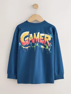 New Next Navy/Grey/Red Gamer Relaxed Fit Graphic Print Long Sleeve T-Shirts 3 Pack (3-16yrs)