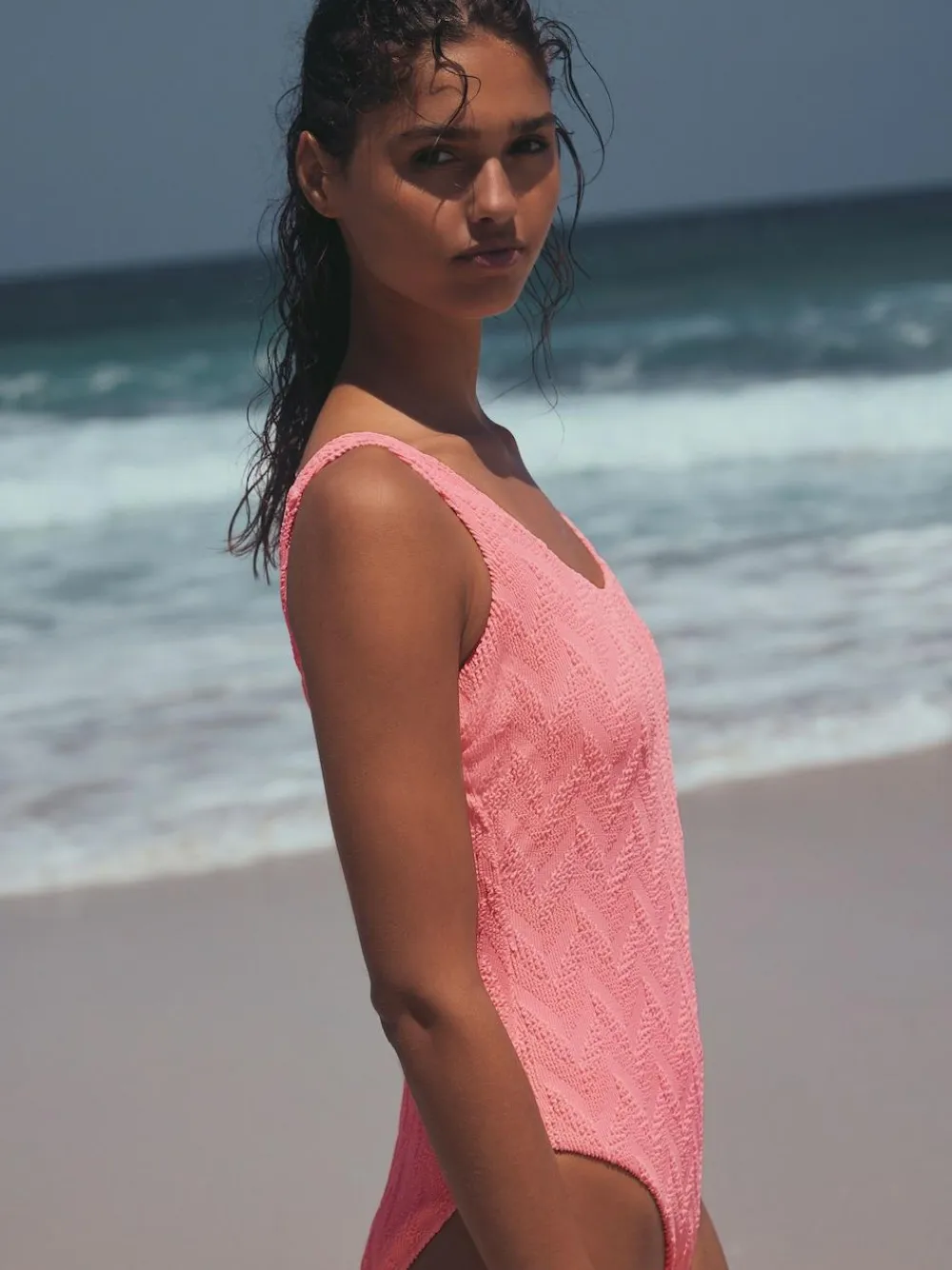 Next Neon Coral Pink Textured Scoop Neck Tummy Control Swimsuit^Women Swimwear