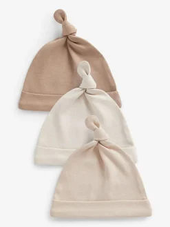 Next 100% Cotton Tie Top Baby Hats 3 Pack (0-12mths) Neutral