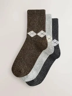 Outlet Next Neutral Argyle Thermal Wool Blend Ankle Socks 3 Pack With Silk