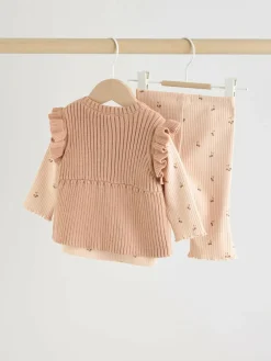 Sale Next Neutral Cherry Knitted Gilet, Long Sleeve Top and Leggings 3 Piece Set (0mths-3yrs)