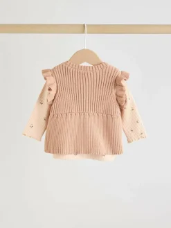 Sale Next Neutral Cherry Knitted Gilet, Long Sleeve Top and Leggings 3 Piece Set (0mths-3yrs)