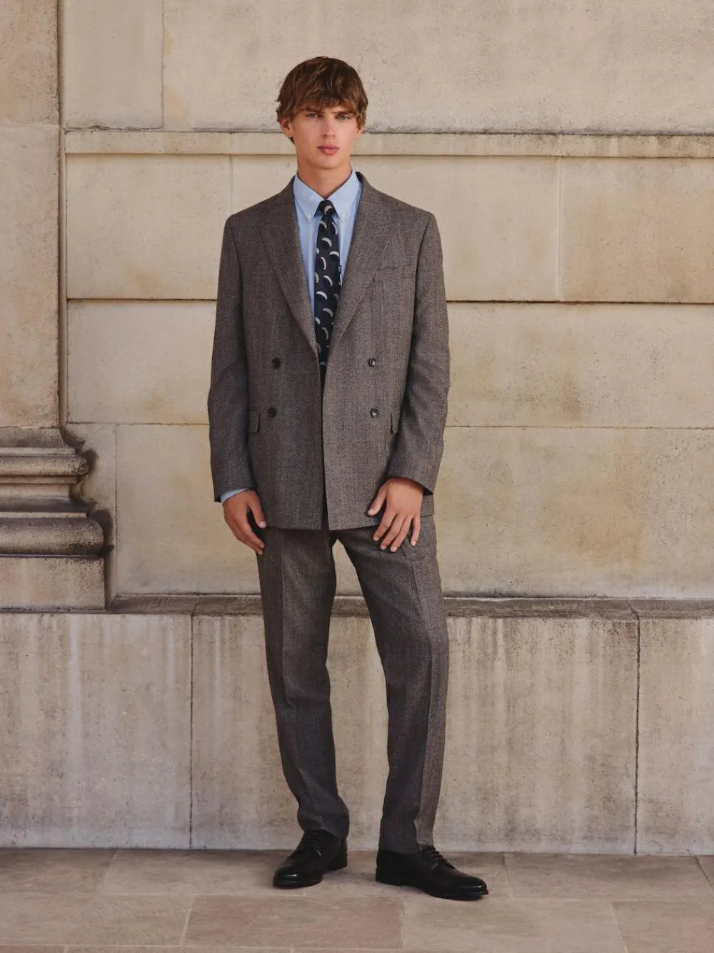Hot Next Neutral Double Breasted Merino Wool Blend Suit Jacket