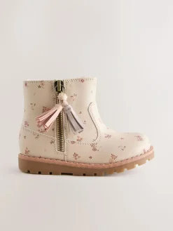 Sale Next Neutral Floral Standard Fit (F) Chelsea Zip Tassel Ankle Boots