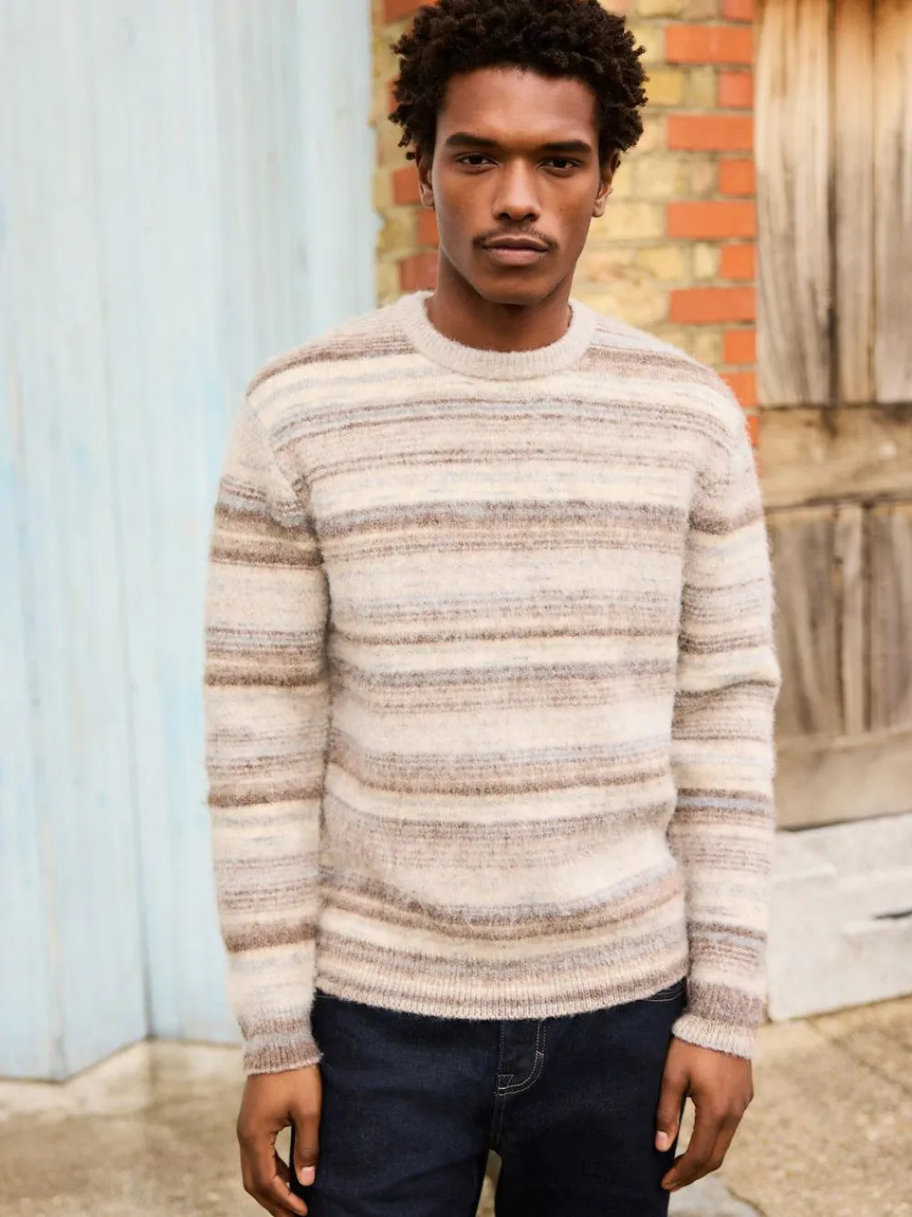 Next Neutral Regular Fit Stripe Crew Neck Jumper with Wool^ Knitwear|Knitwear