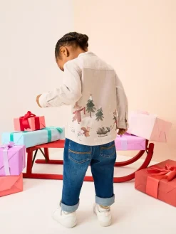 Best Next Long Sleeve Grandad Christmas Printed Shirt (3mths-10yrs) Neutral Scene