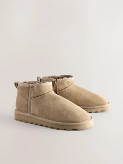 Best Next Extra Wide Fit Water Repellent Faux Fur Ankle Boots Neutral Taupe Suede