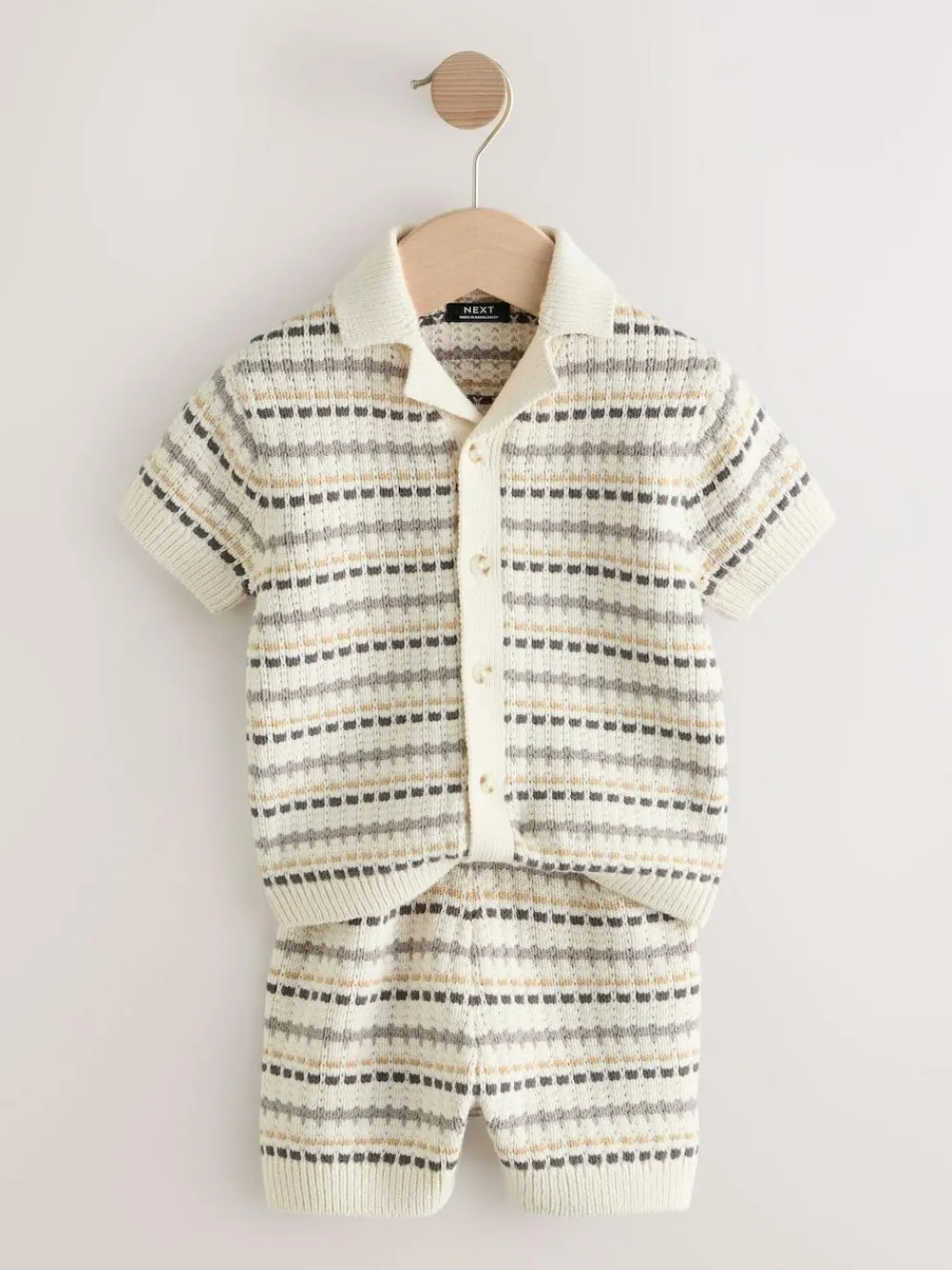 New Next Neutral Textured Revere Collar Knitted Polo Shirt and Shorts Set (3mths-10yrs)