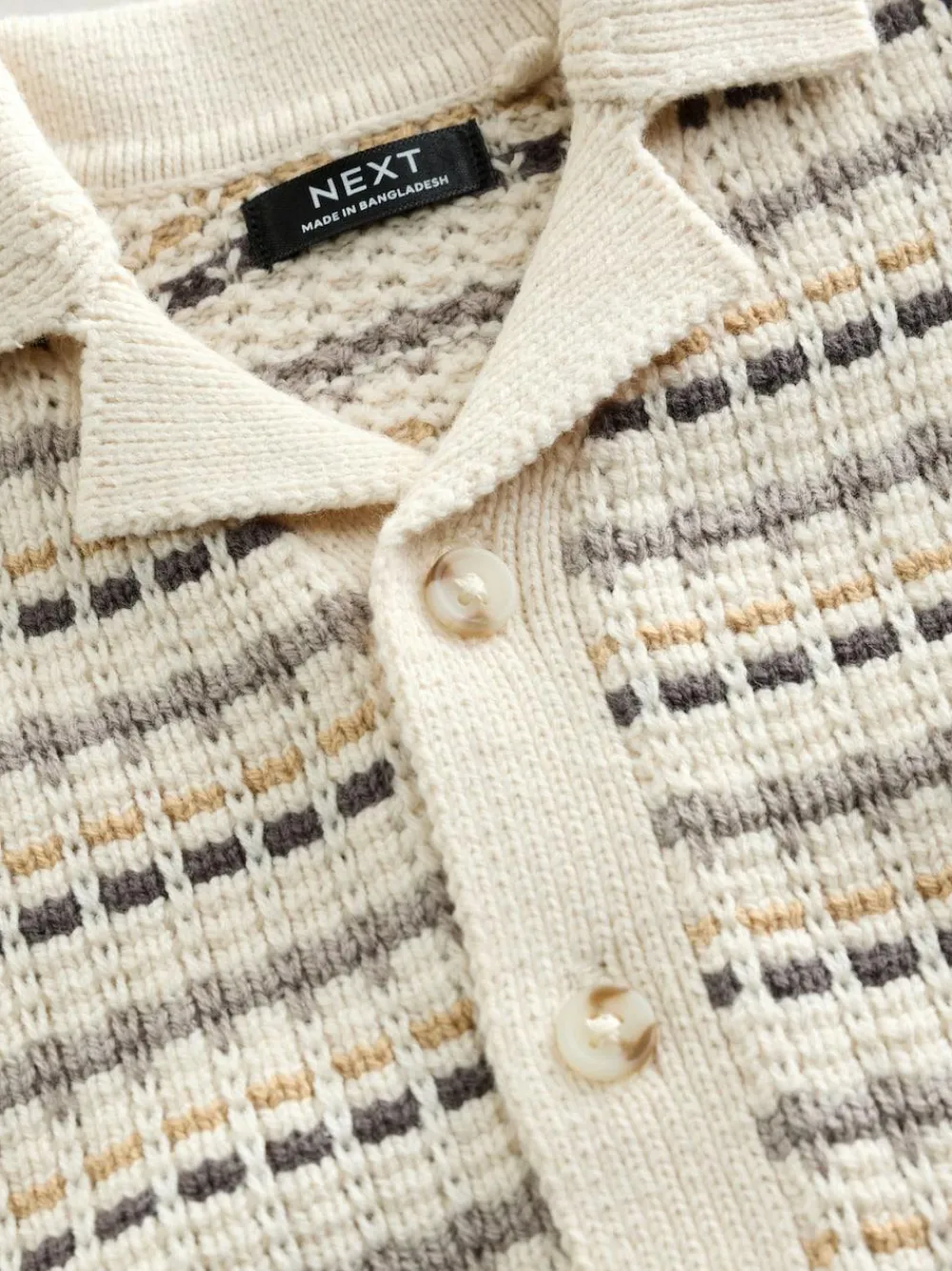 New Next Neutral Textured Revere Collar Knitted Polo Shirt and Shorts Set (3mths-10yrs)