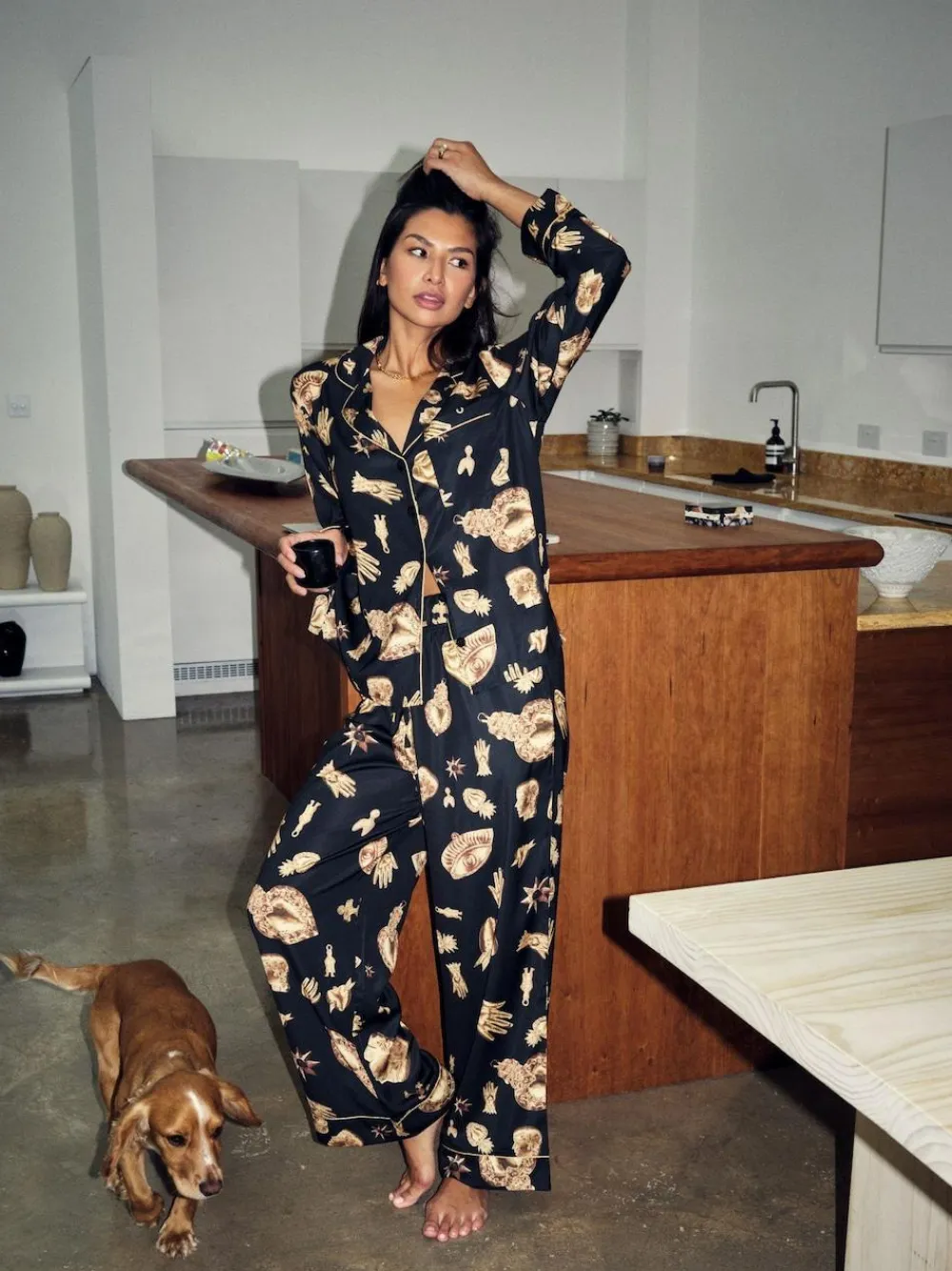 Never Fully Dressed Black/Gold Charm Satin Button Through Pyjamas^Women All Night & Lounge|Pyjamas