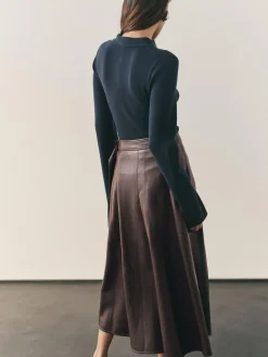 Outlet Nothing Ordinary Chocolate Brown Faux Leather Wrap Midi Kilt Skirt