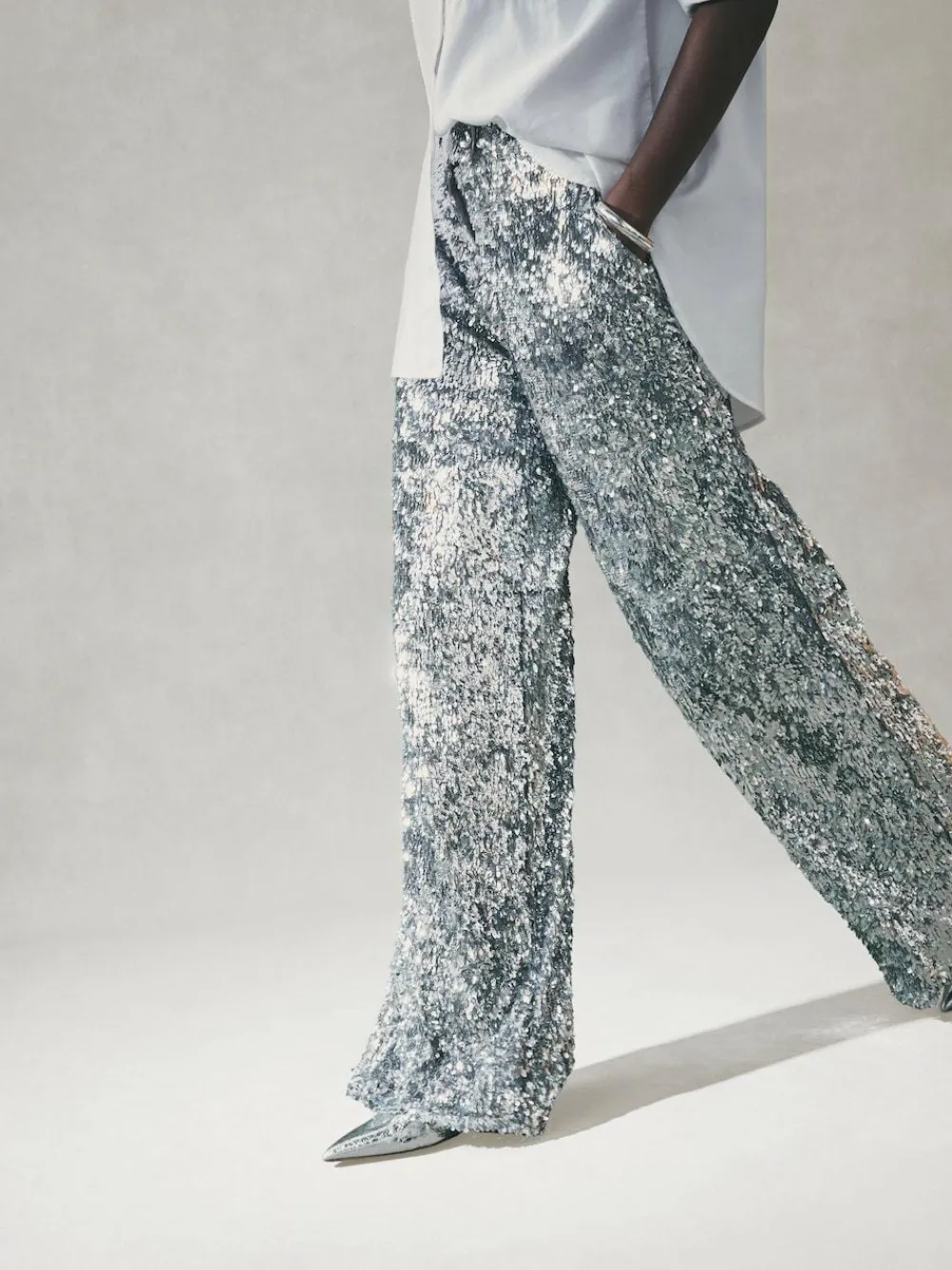 New Nothing Ordinary Silver Sequin High Waist Wide Leg Trousers