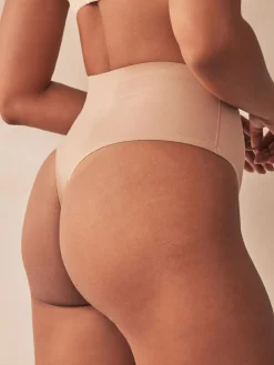 Online Next High Waist Thong Shaping Tummy Control Premium Cotton Blend Knickers Nude