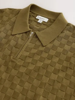 Next N.Premium Regular Fit Checkerboard Knitted Short Sleeve Zip Neck Polo Shirt^ Knitwear|Knitwear