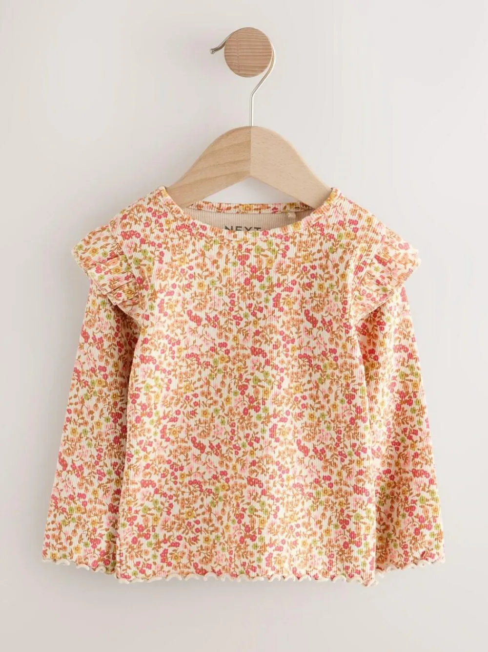 Next Ribbed Long Sleeve Frill T-Shirt (3mths-7yrs) Orange Ditsy Floral