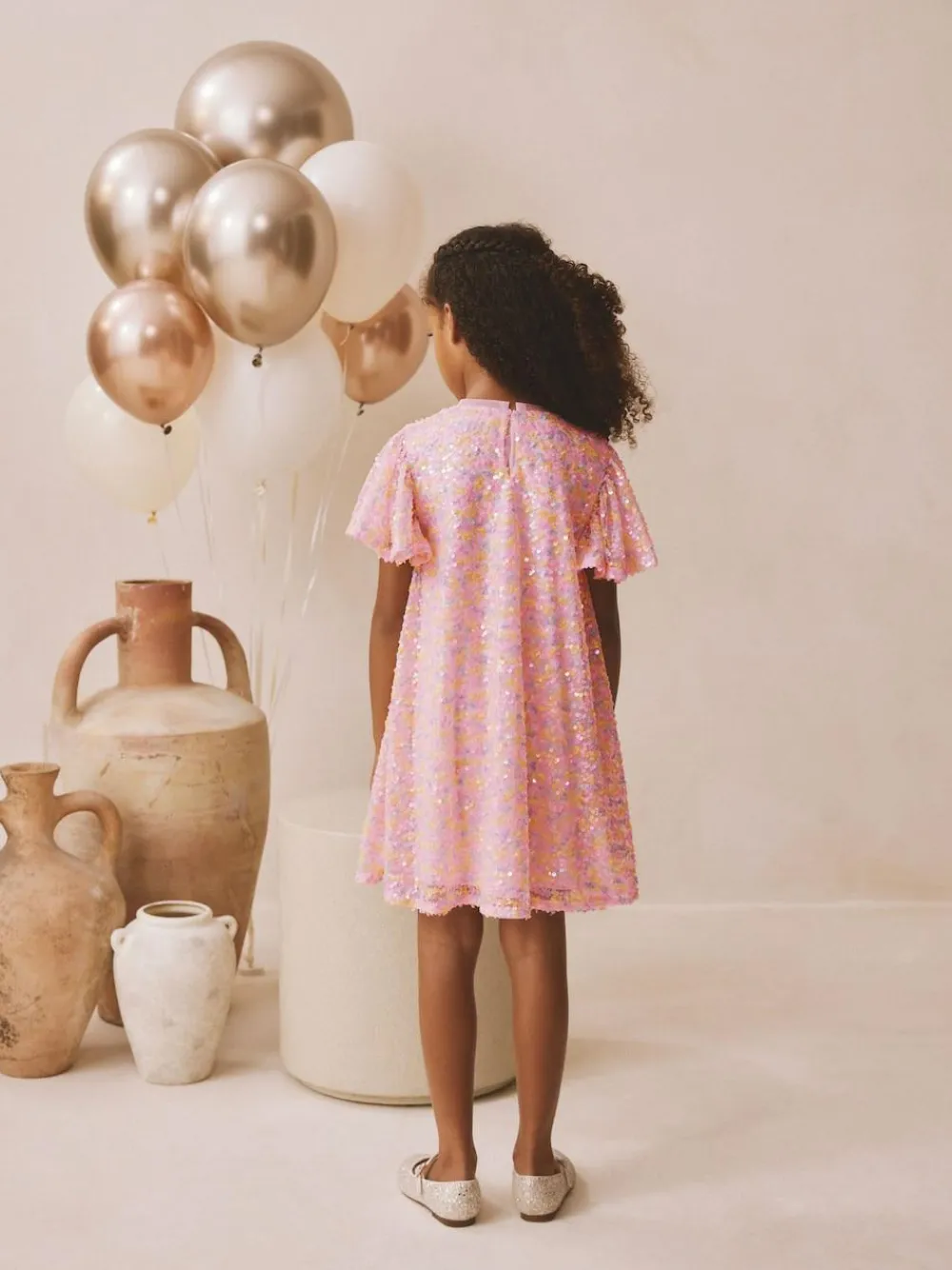 Best Next Angel Sleeve Sequin Party Dress (3-16yrs) Pastel Pink