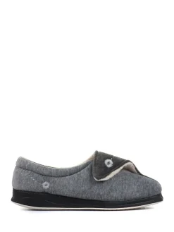 Hot Pavers Wide Fit Ladies Touch Fasten Full Slippers With Permalose Sole Grey