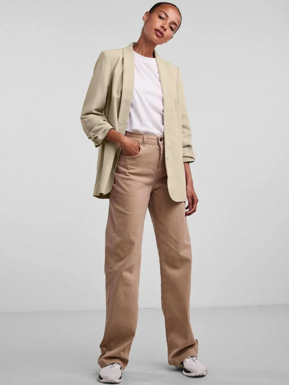 Clearance PIECES 3/4 Ruched Sleeve Blazer Cream