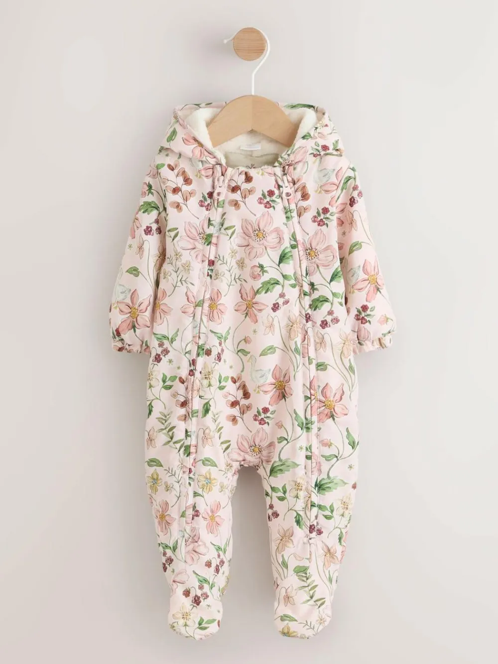 Clearance Next Pink Floral All-Over Printed Double Zip Baby Nylon Hooded Pramsuit (0mths-2yrs)