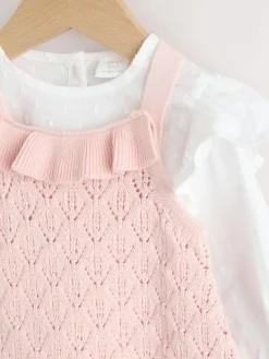 Best Next Pink/ White Baby Romper and Knitted Dungarees with Tights 3 Piece Set (0mths-2yrs)