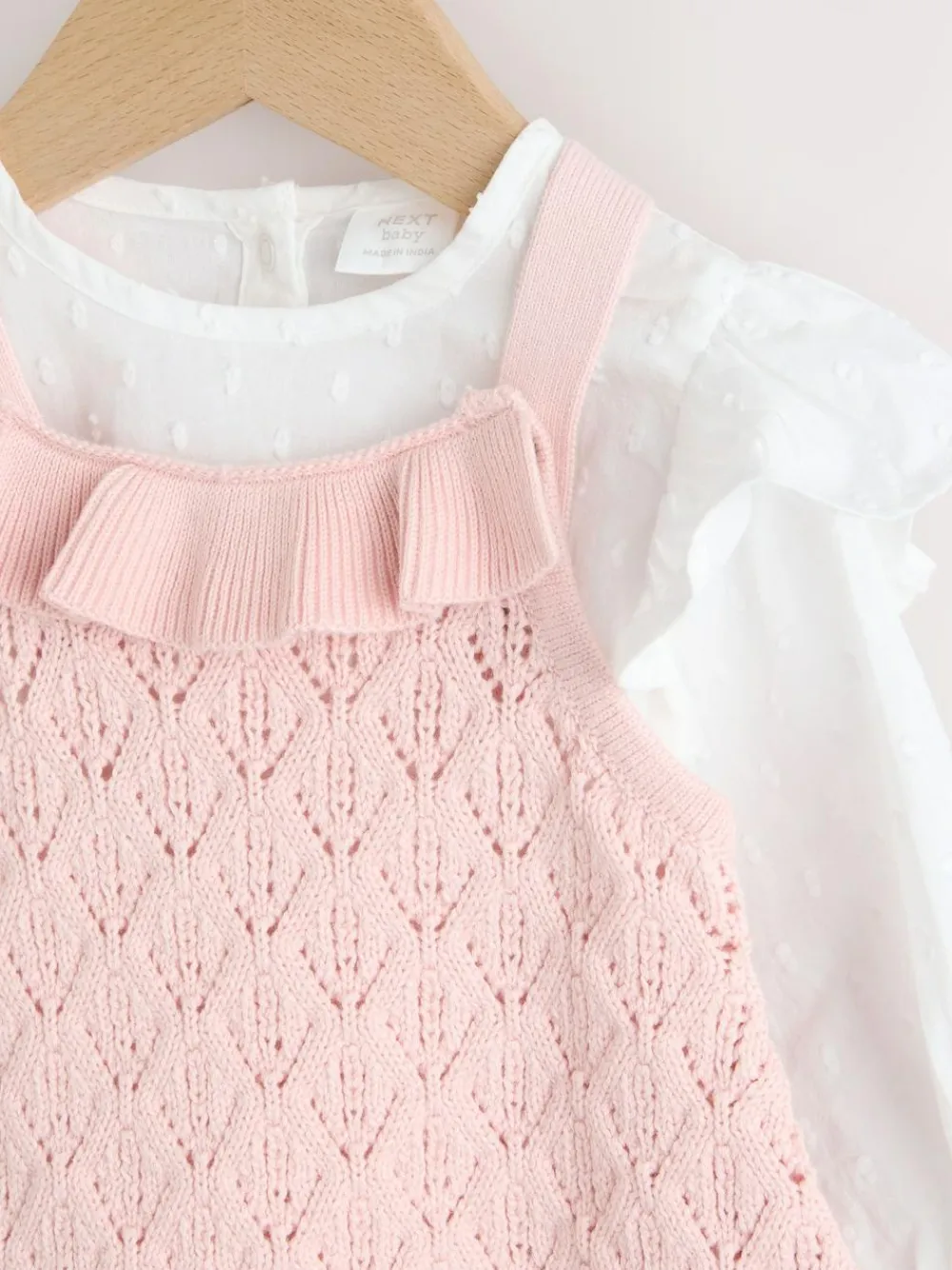 Best Next Pink/ White Baby Romper and Knitted Dungarees with Tights 3 Piece Set (0mths-2yrs)