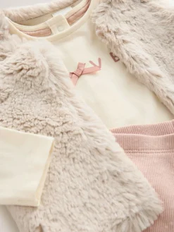 Hot Next Pink/Cream Baby Fur Gilet, Top and Leggings 3 Piece Set (0mths-2yrs)