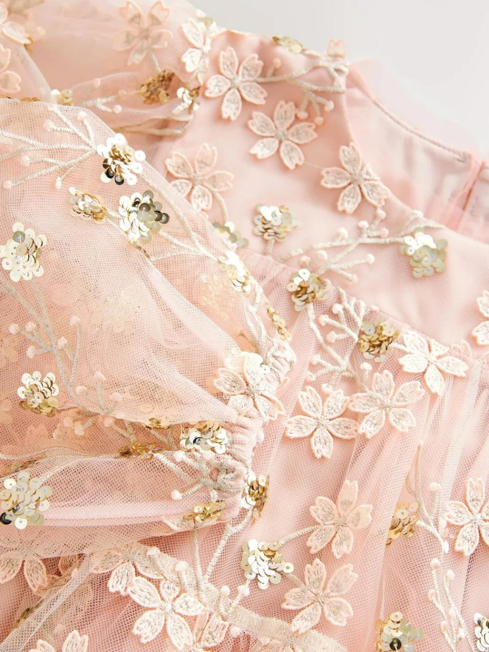 Discount Next Pink/Gold Embroidered Sequin Long Sleeve Mesh Occasion Dress (4-14yrs)