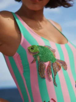 Next Pink/Green Stripe Beaded Embellished Tummy Control Scoop Swimsuit^Women Swimwear