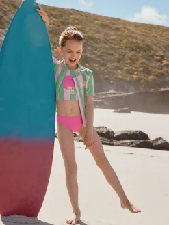 Hot Next Sunsafe Rash Vest Bikini And Scrunchie Swim Set (3-16yrs) Pink/Green Stripe
