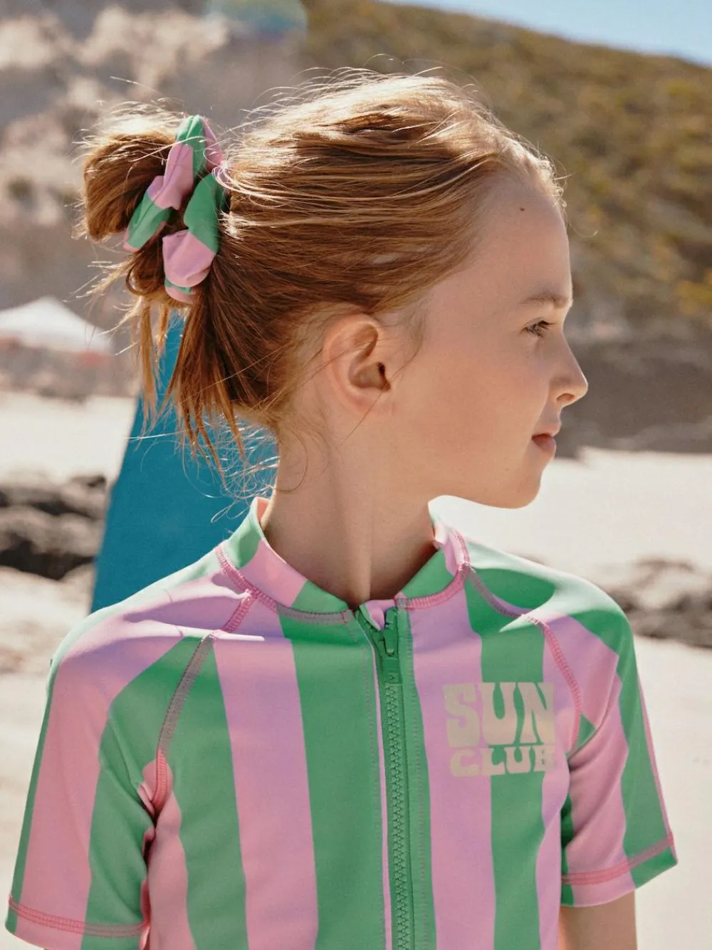 Hot Next Sunsafe Rash Vest Bikini And Scrunchie Swim Set (3-16yrs) Pink/Green Stripe