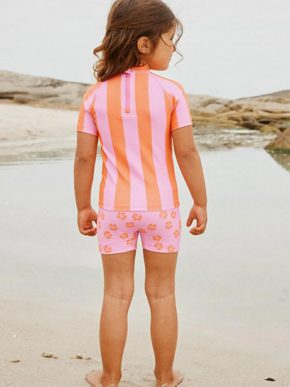 Clearance Next Short Sleeved Sunsafe Swim Set (3mths-10yrs) Pink/Orange Stripe Hibiscus