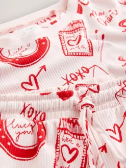 Next Pink/Red Heart Ribbed Long Sleeve Pyjamas^Women Nightwear|Pyjamas