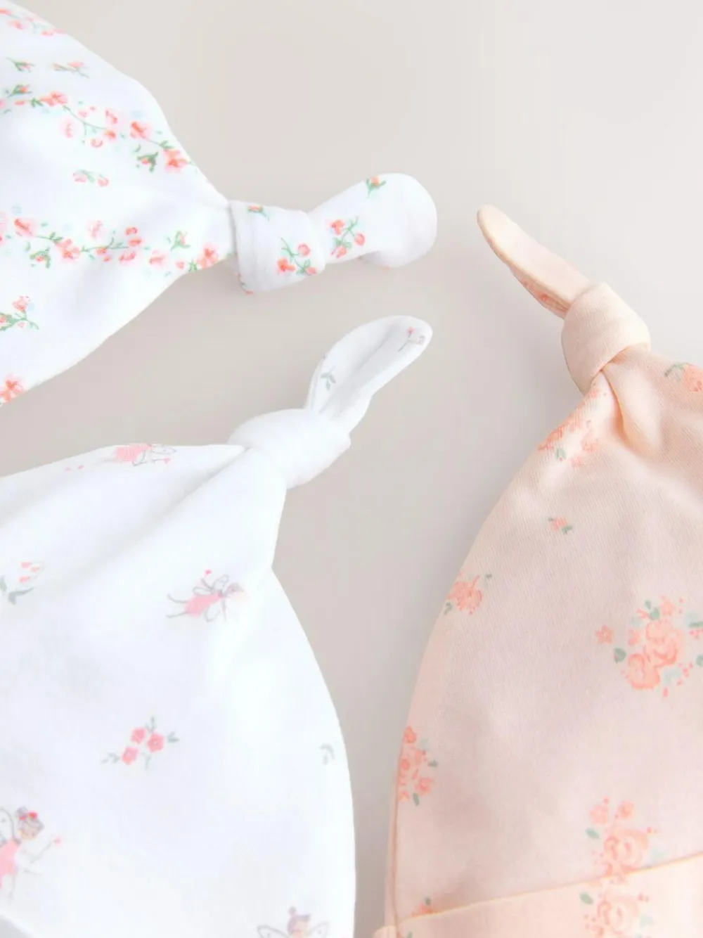 Next Pink/White Tie Top Baby Beanies 3 Pack (0-12mths)^ Hats & Scratch Mitts|Newborn Accessories
