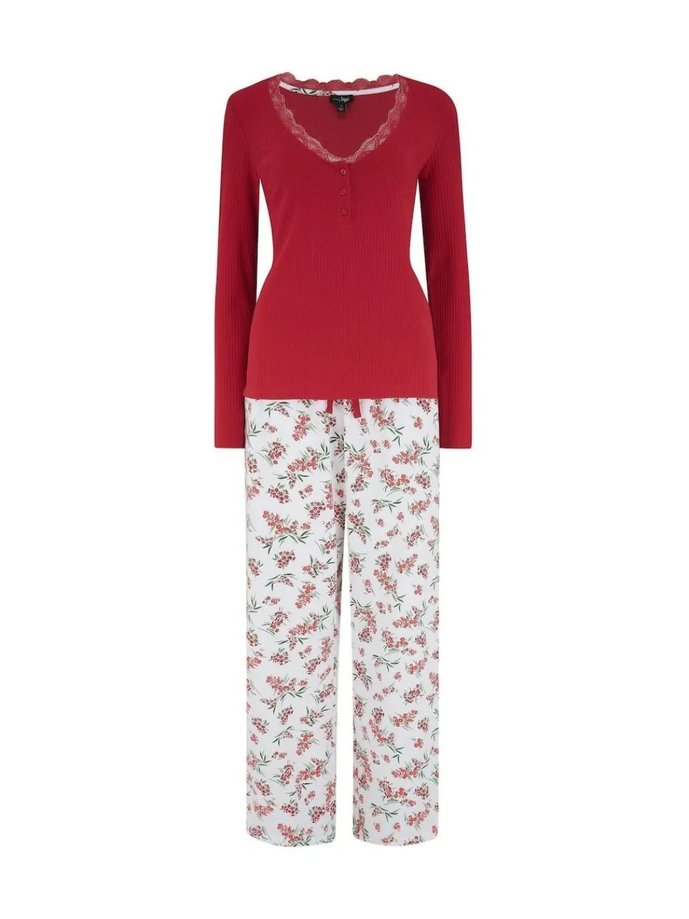 Pour Moi Red Rib Jersey Lace Trim Henley Top and Brushed Cotton Pyjamas Set^Women Pyjamas