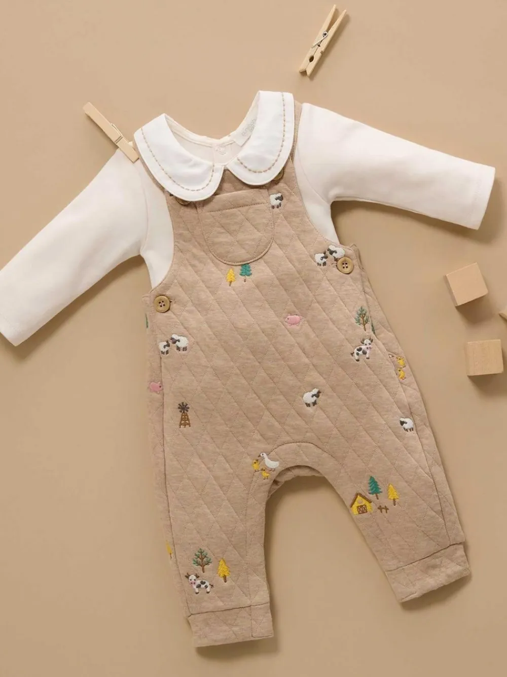 Purebaby Brown Quilted Embroidered Dungarees^BOY Rompers & Overalls|Dungarees