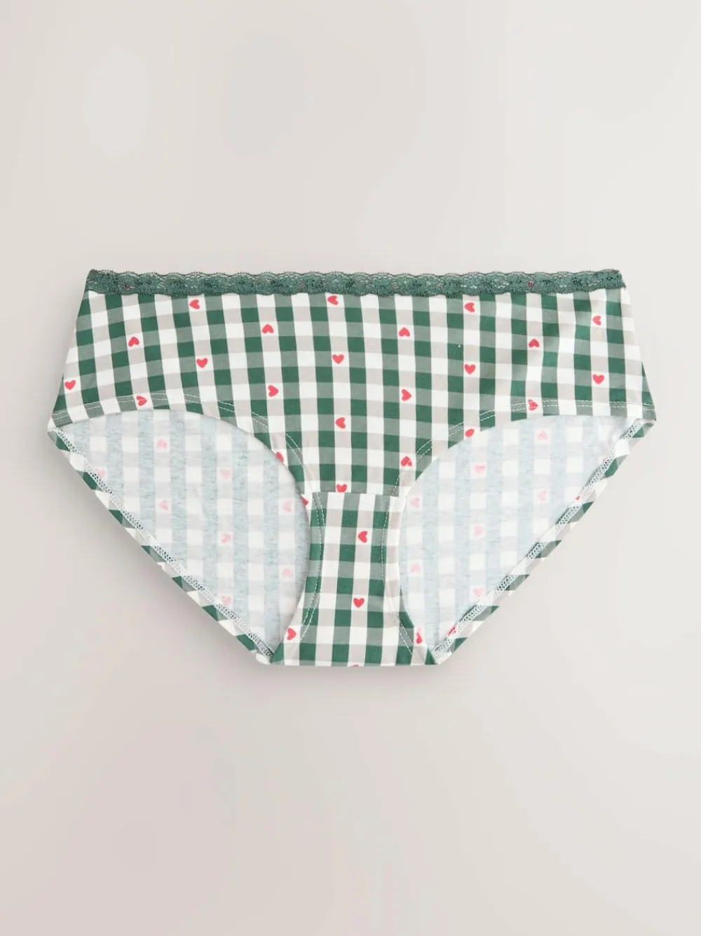 Best Next Red Heart/Green Check Short Cotton Lace Knickers 4 Pack