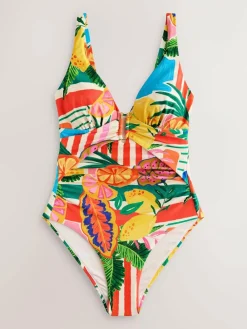 Best Next Utrim Tummy Control Plunge Swimsuit Red/Green Tropical