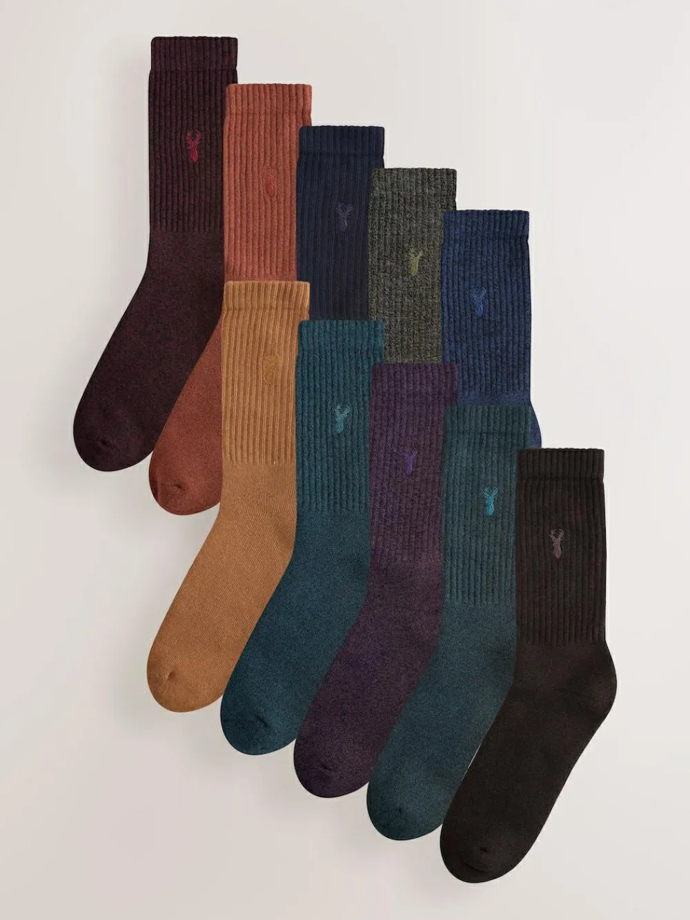 Outlet Next Stag Embroidered Heavyweight Socks 10 Pack Red/Orange/Blue