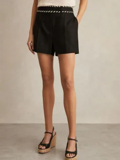 New Reiss Fawn Linen Whipstitch Shorts Black