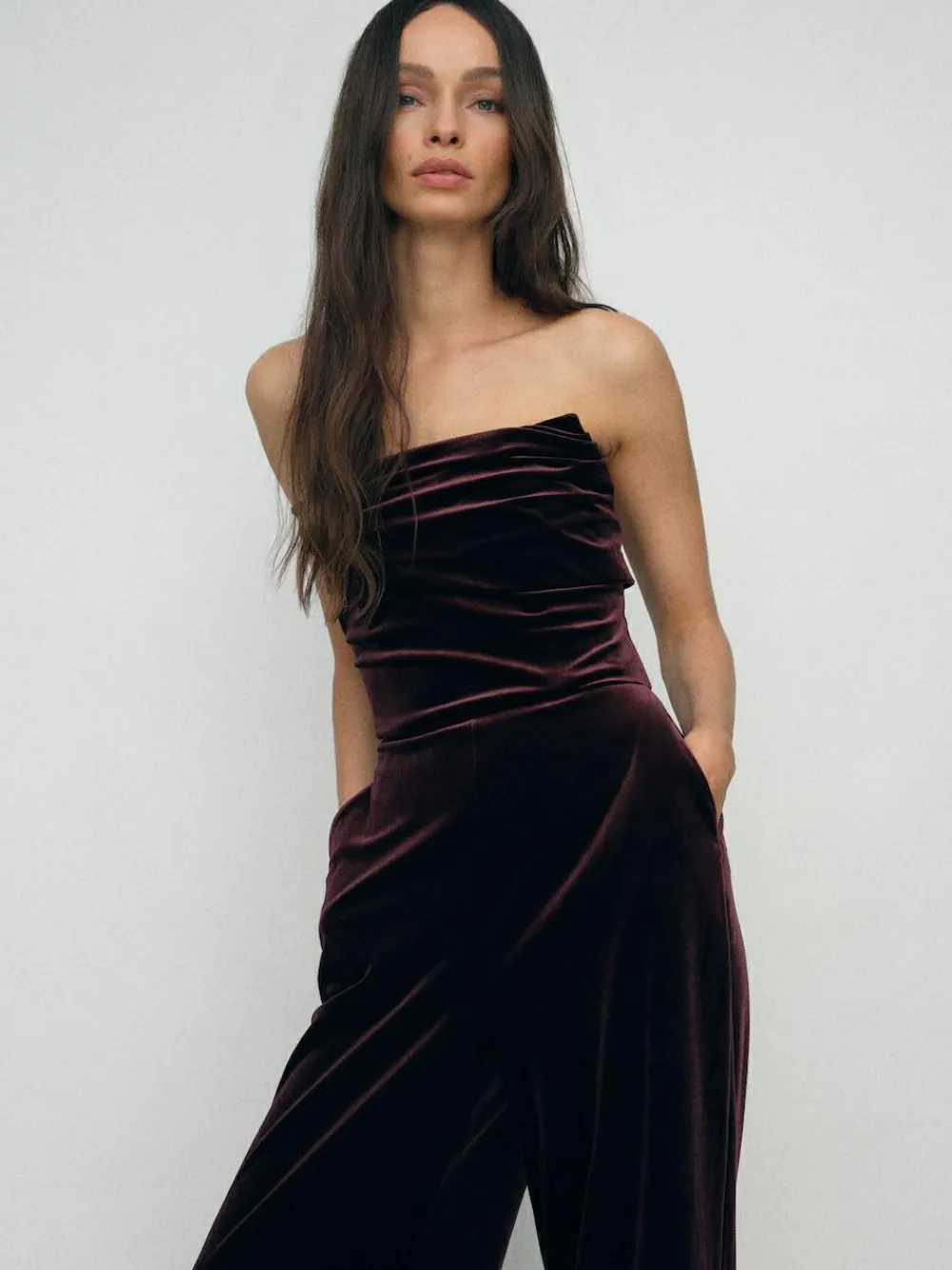 Discount Reiss Burgundy Andria Petite Velvet Drape Strapless Jumpsuit