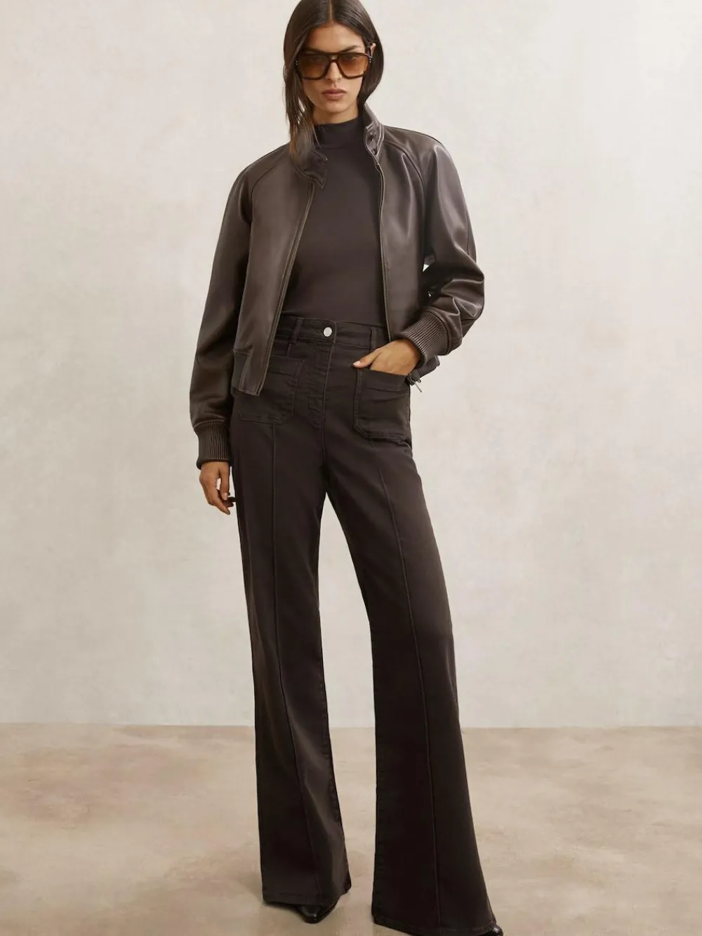 New Reiss Chocolate Brown Sakura Petite Patch-Pocket Flared Jeans
