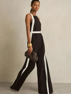 Outlet Reiss Salma Colourblock Wide Leg Belted Jumpsuit Chocolate/Cream