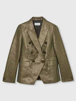 Clearance Reiss Sienna Petite Double-Breasted Metallic Suit Blazer with Cotton Gold