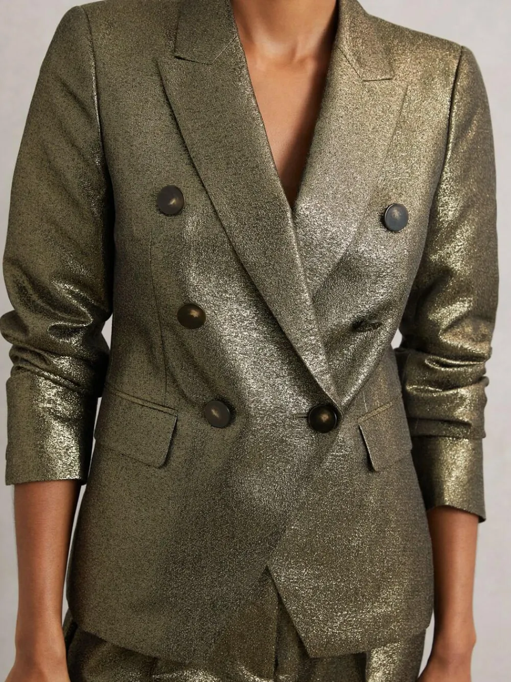 Clearance Reiss Sienna Petite Double-Breasted Metallic Suit Blazer with Cotton Gold