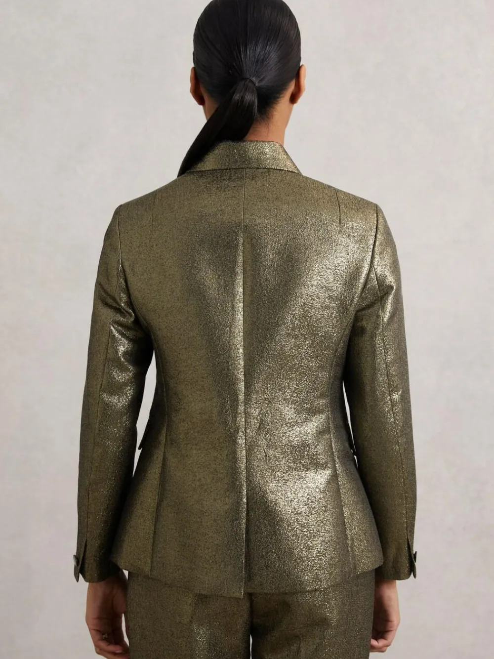 Clearance Reiss Sienna Petite Double-Breasted Metallic Suit Blazer with Cotton Gold