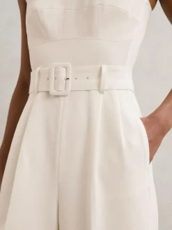 Reiss Ivory Alba Petite Sheer-Panel Wide-Leg Belted Jumpsuit^Women Jumpsuits & Playsuits